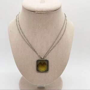 Baked Beads Silver Tone Double Strand Necklace Green Rhinestone Pendant